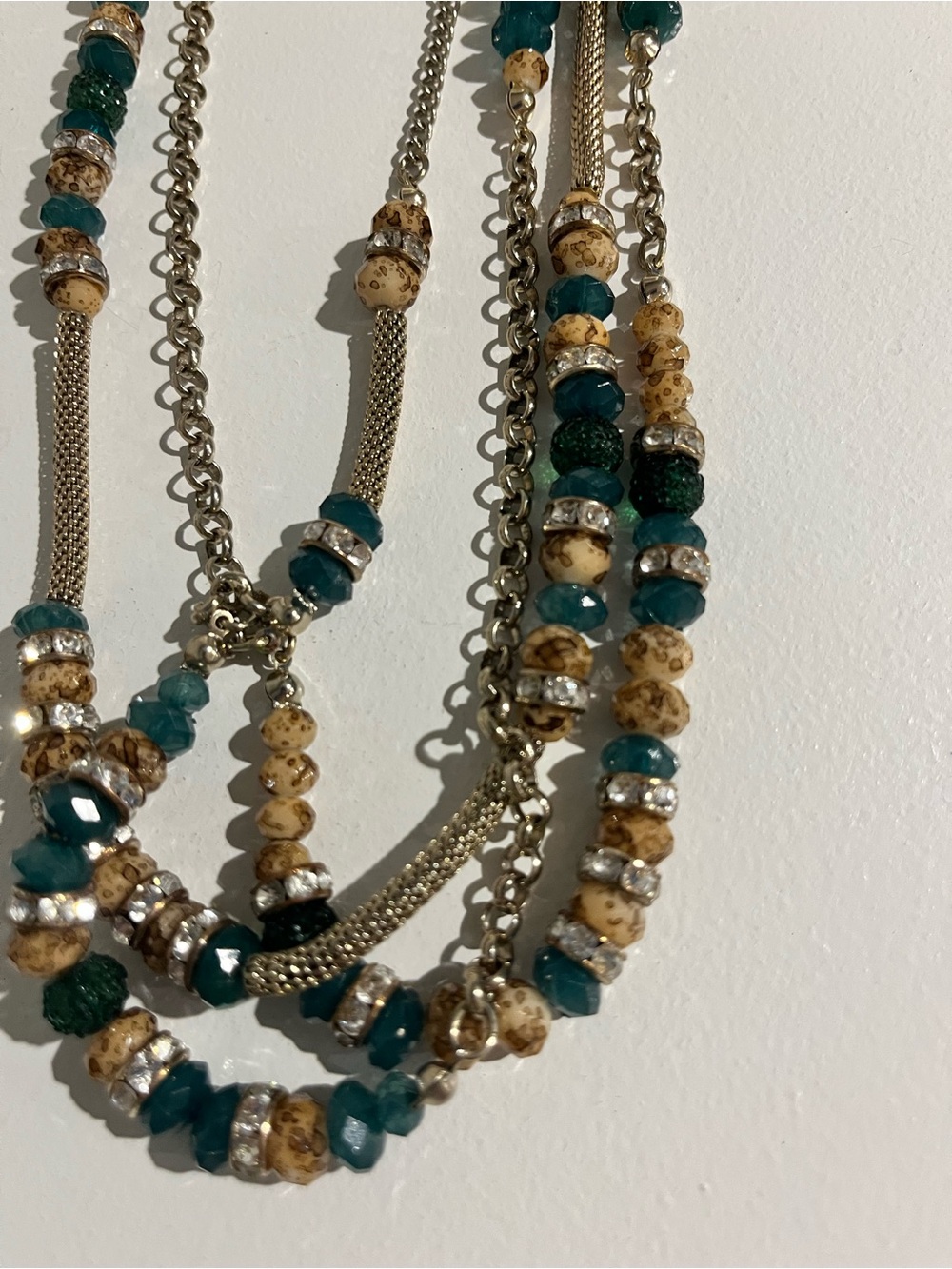 White House Black Market Green Teal and Cream Multi-Strand Beaded Necklace